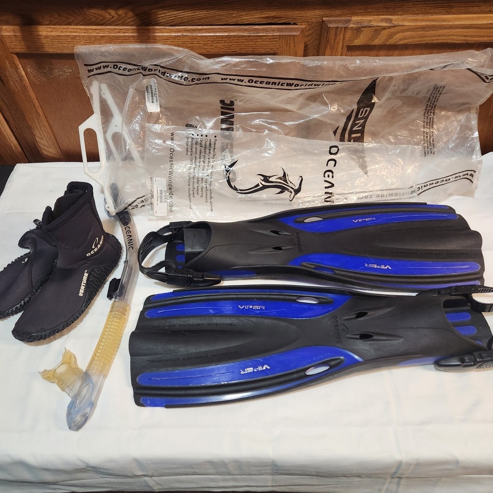 Oceanic Viper Snorkel Set – Ultra Dry Snorkel, Fins, Size 5–6 Boots, Retail Bag